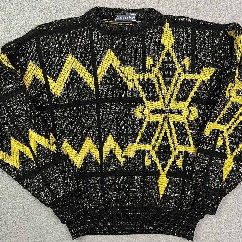 Vintage Christopher Barnes‎ Black & Yellow Sweater Geometric Pullover Sz Small